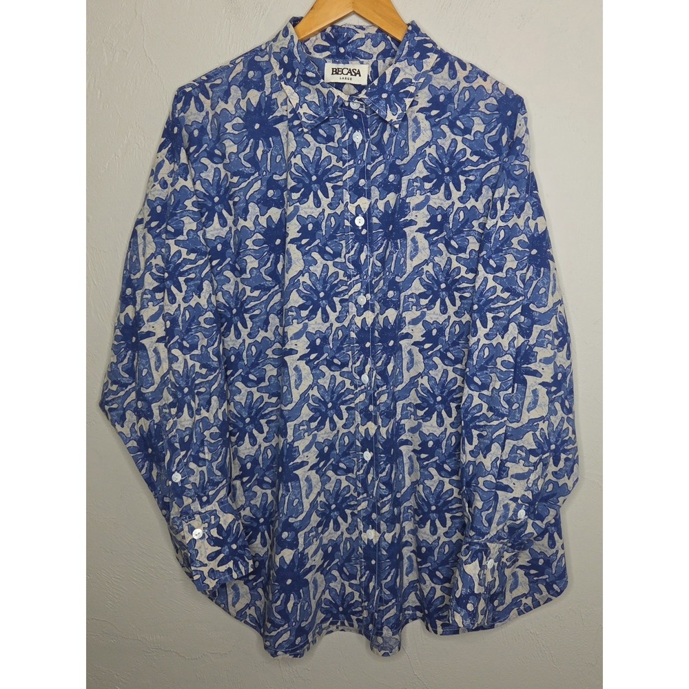 Becasa White Blue 100% Cotton Top Blouse Long Sleeve Button Down Size Large